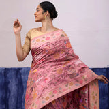 Baby Pink Banarasi Silk Saree With Floral, Fauna & Human Figures