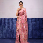 Baby Pink Banarasi Silk Saree With Floral, Fauna & Human Figures