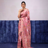 Baby Pink Banarasi Silk Saree With Floral, Fauna & Human Figures