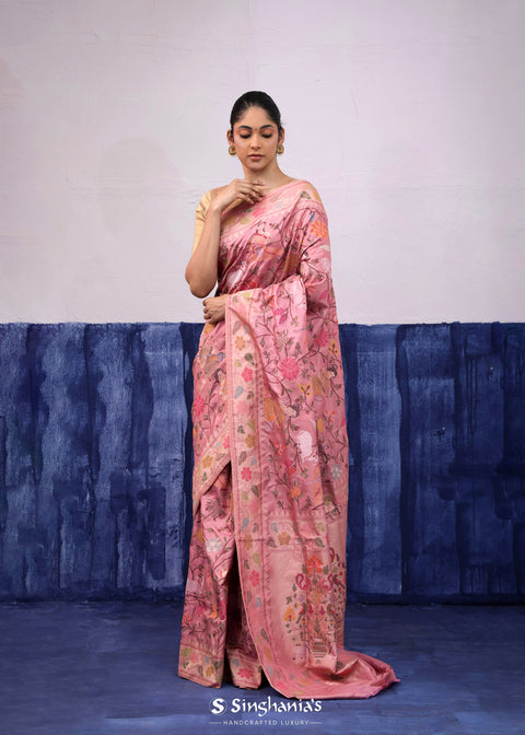 Baby Pink Banarasi Silk Saree With Floral, Fauna & Human Figures