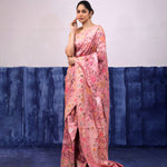 Baby Pink Banarasi Silk Saree With Floral, Fauna & Human Figures