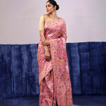 Baby Pink Banarasi Silk Saree With Floral, Fauna & Human Figures