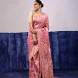 Baby Pink Banarasi Silk Saree With Floral, Fauna & Human Figures