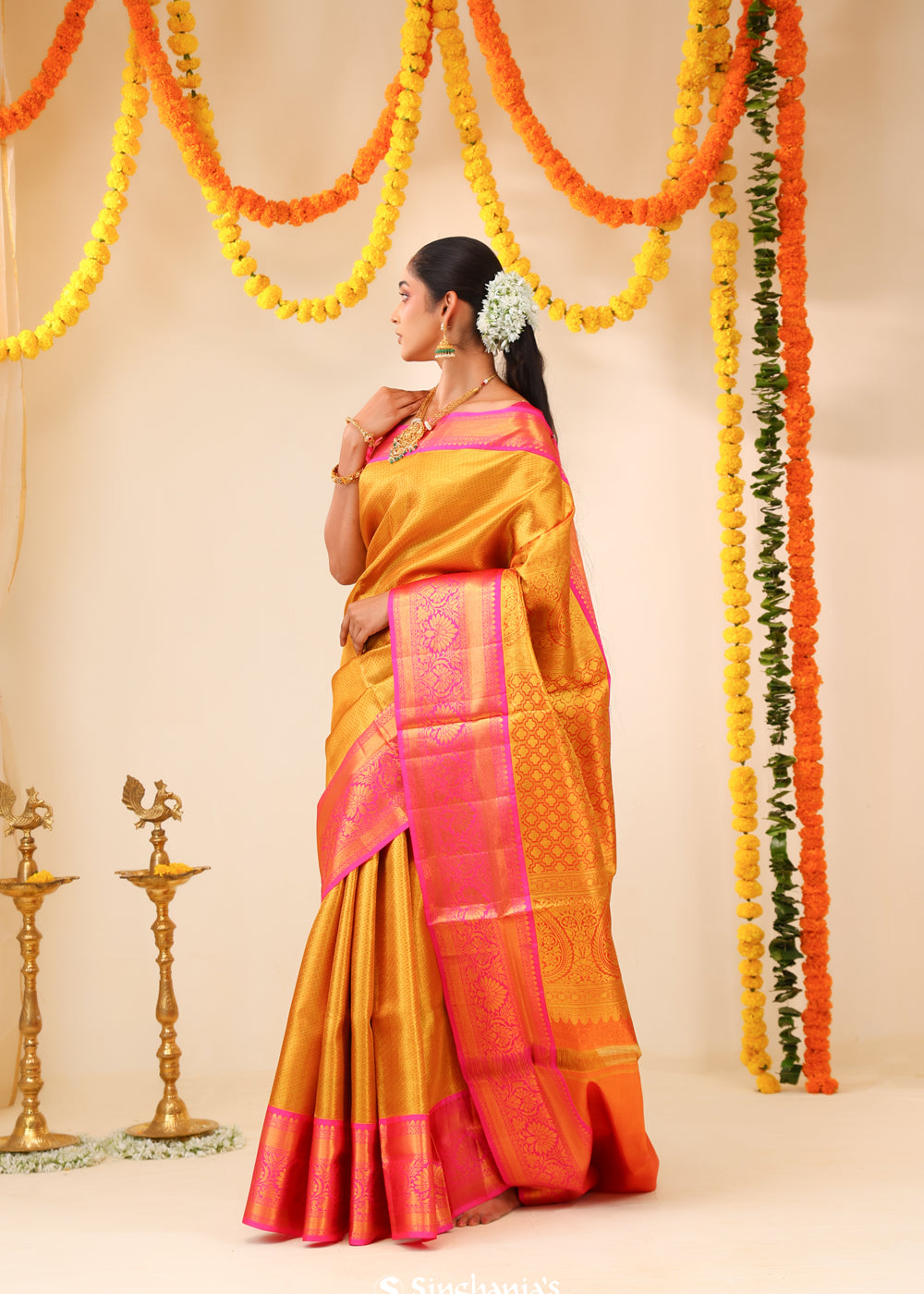 Golden Pink Tissue Kanjivaram Saree With Contrast Border