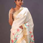 Champagne Beige Printed Floral Tussar Silk Saree