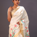 Champagne Beige Printed Floral Tussar Silk Saree