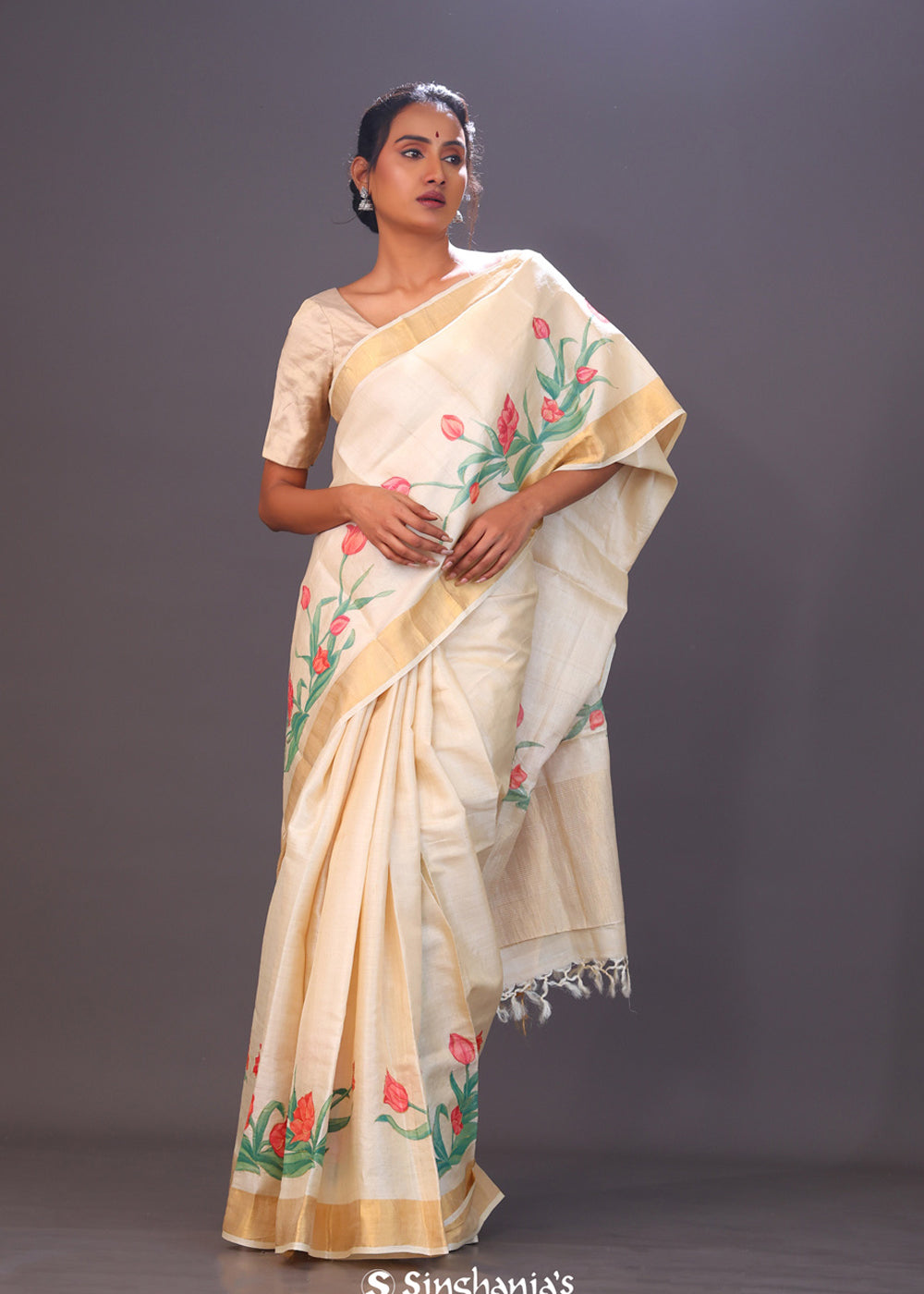 Champagne Beige Printed Floral Tussar Silk Saree