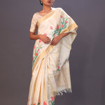 Champagne Beige Printed Floral Tussar Silk Saree