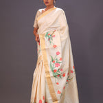 Champagne Beige Printed Floral Tussar Silk Saree