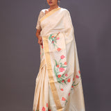Champagne Beige Printed Floral Tussar Silk Saree