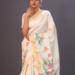 Champagne Beige Printed Floral Tussar Silk Saree