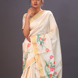 Champagne Beige Printed Floral Tussar Silk Saree