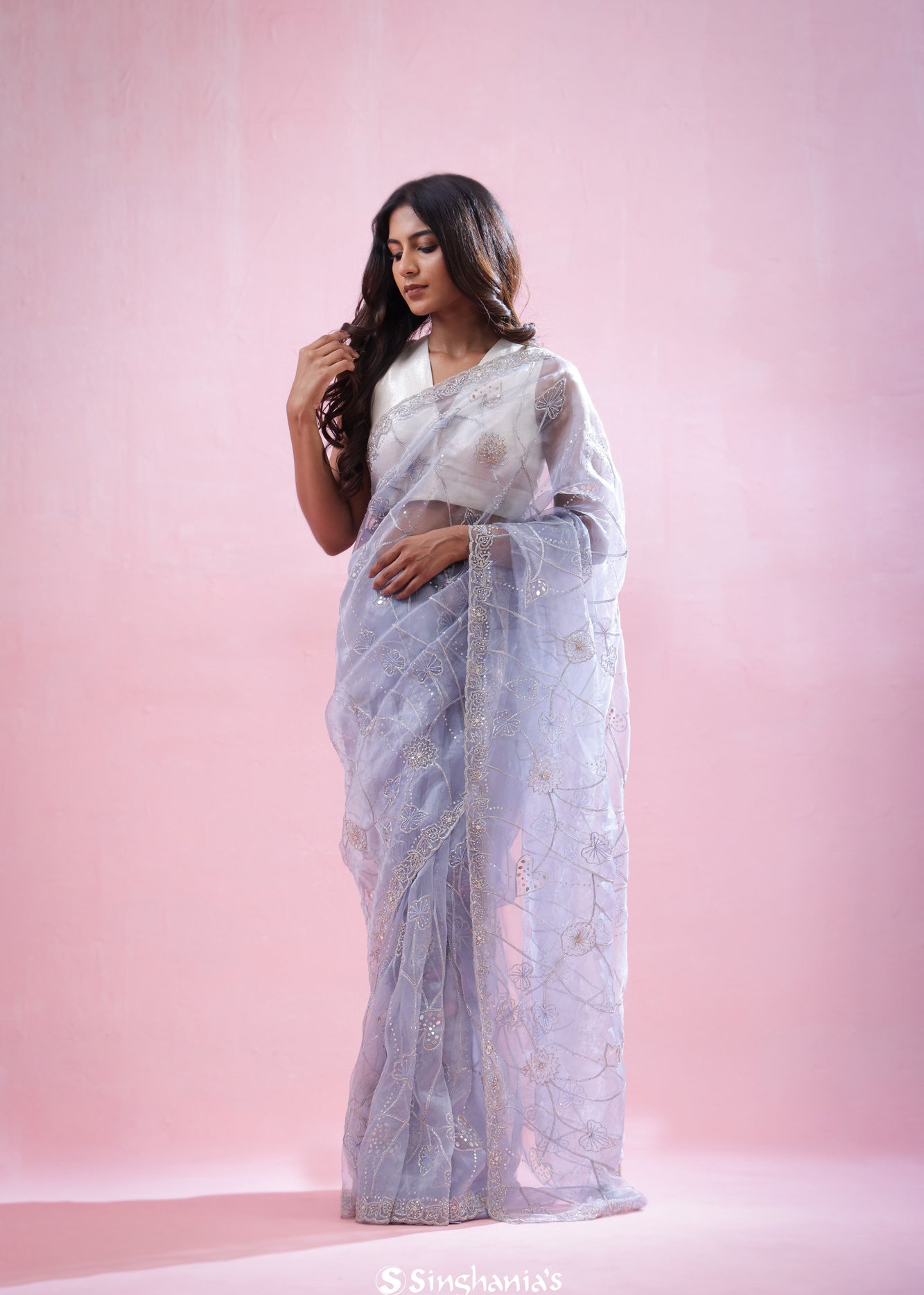 Beau Blue Tissue Organza Saree With Hand Embroidery