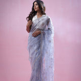 Beau Blue Tissue Organza Saree With Hand Embroidery