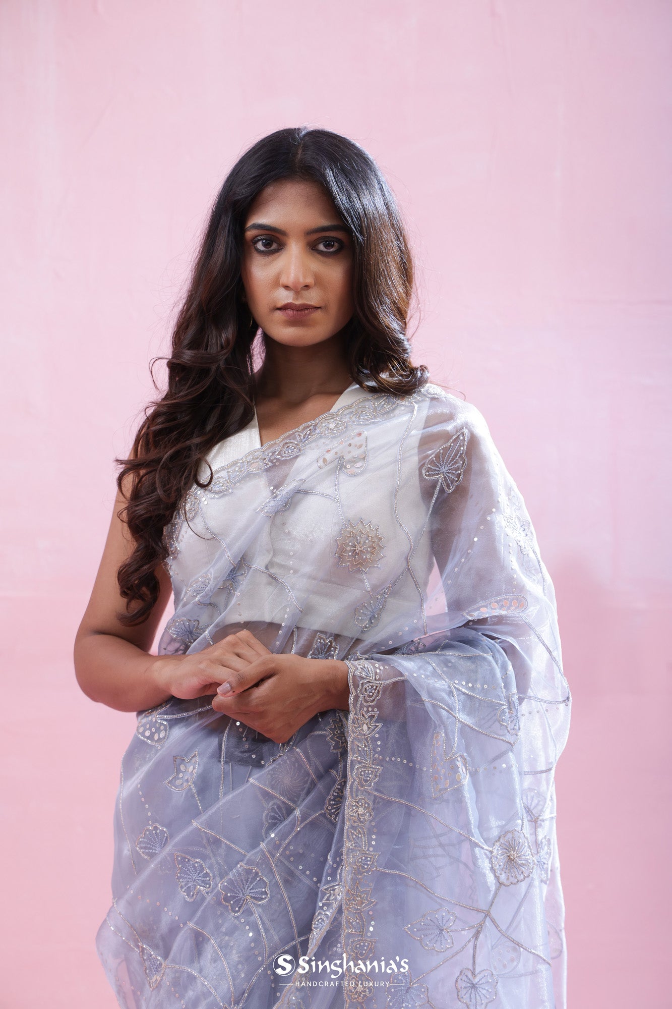 Beau Blue Tissue Organza Saree With Hand Embroidery