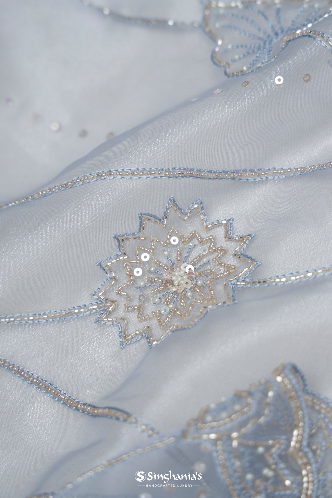 Beau Blue Tissue Organza Saree With Hand Embroidery