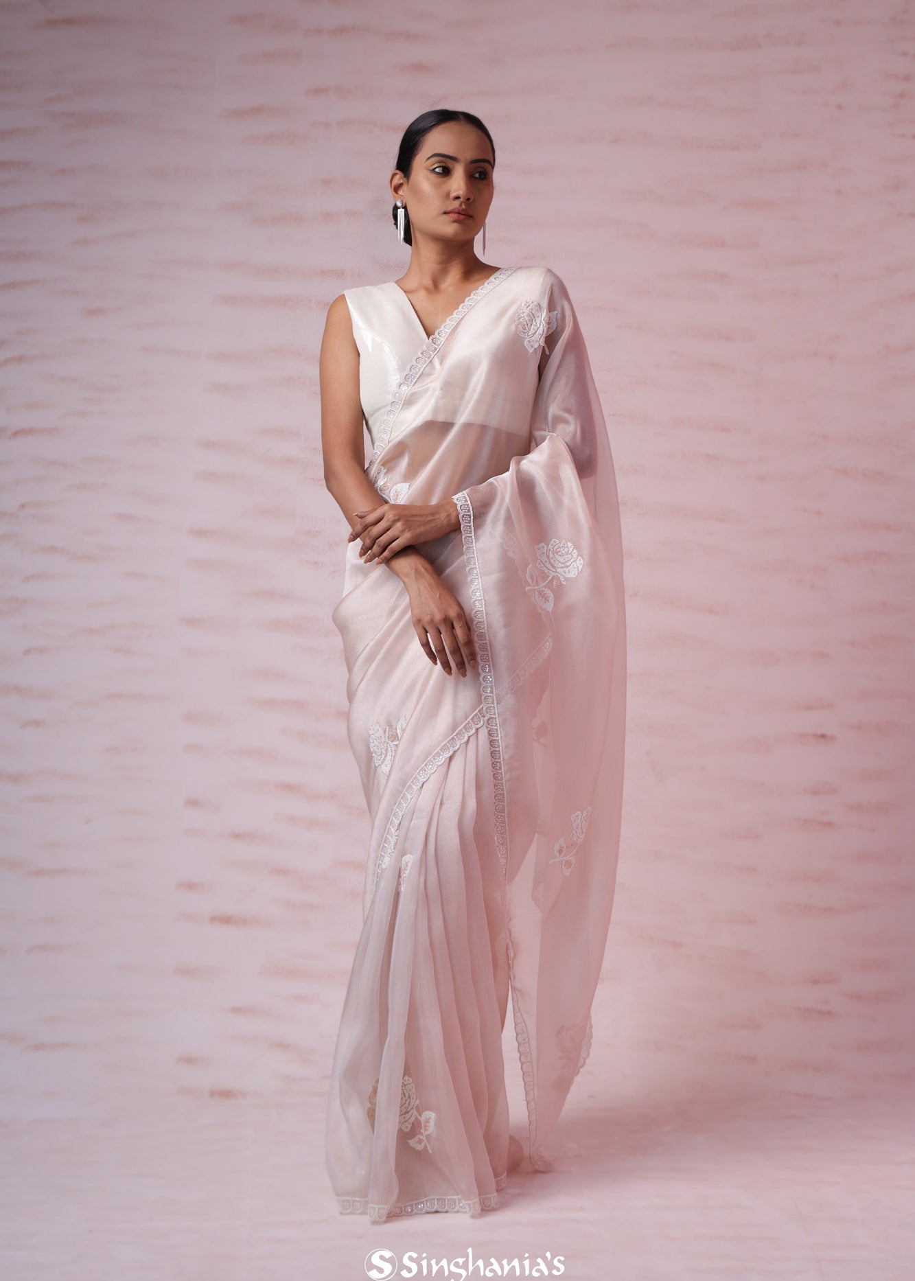 Powdery Peach Tissue Organza Saree With Hand Embroidery