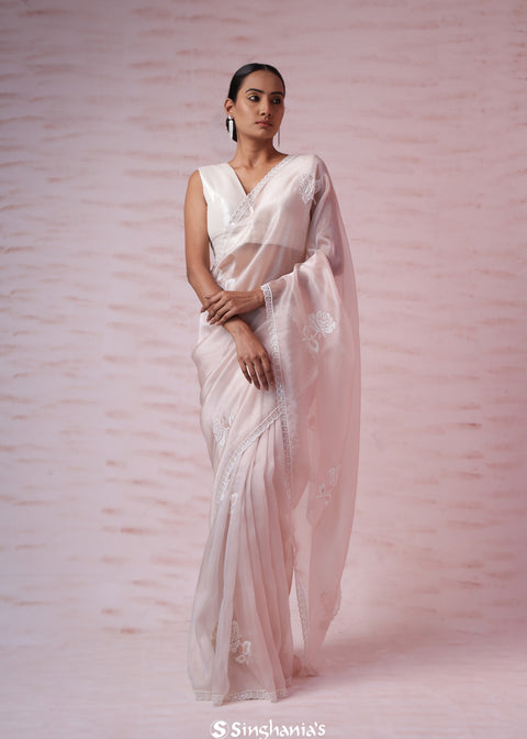 Powdery Peach Tissue Organza Saree With Hand Embroidery
