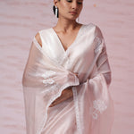 Powdery Peach Tissue Organza Saree With Hand Embroidery