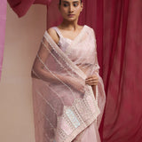 Baby Pink Tissue Organza Saree With Hand Embroidery