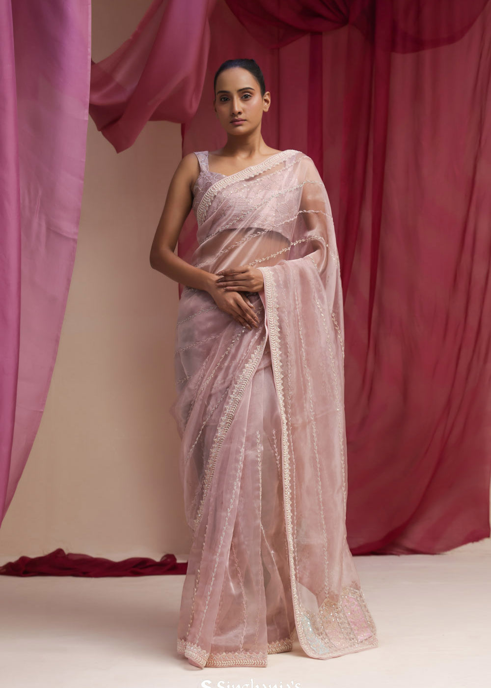 Baby Pink Tissue Organza Saree With Hand Embroidery