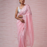 Flamingo Pink Organza Saree With Hand Embroidery