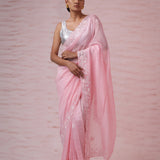 Flamingo Pink Organza Saree With Hand Embroidery
