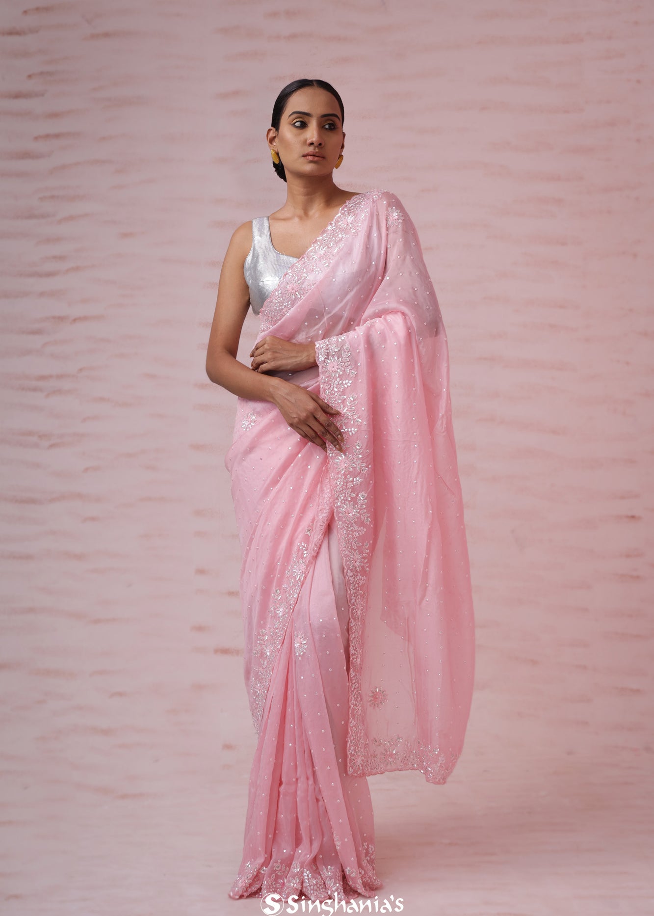 Flamingo Pink Organza Saree With Hand Embroidery