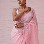Flamingo Pink Organza Saree With Hand Embroidery