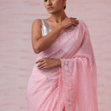 Flamingo Pink Organza Saree With Hand Embroidery