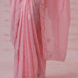 Flamingo Pink Organza Saree With Hand Embroidery
