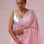 Flamingo Pink Organza Saree With Hand Embroidery