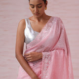 Flamingo Pink Organza Saree With Hand Embroidery