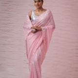 Flamingo Pink Organza Saree With Hand Embroidery
