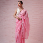 Flamingo Pink Organza Saree With Embroidery Border