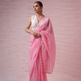 Flamingo Pink Organza Saree With Embroidery Border