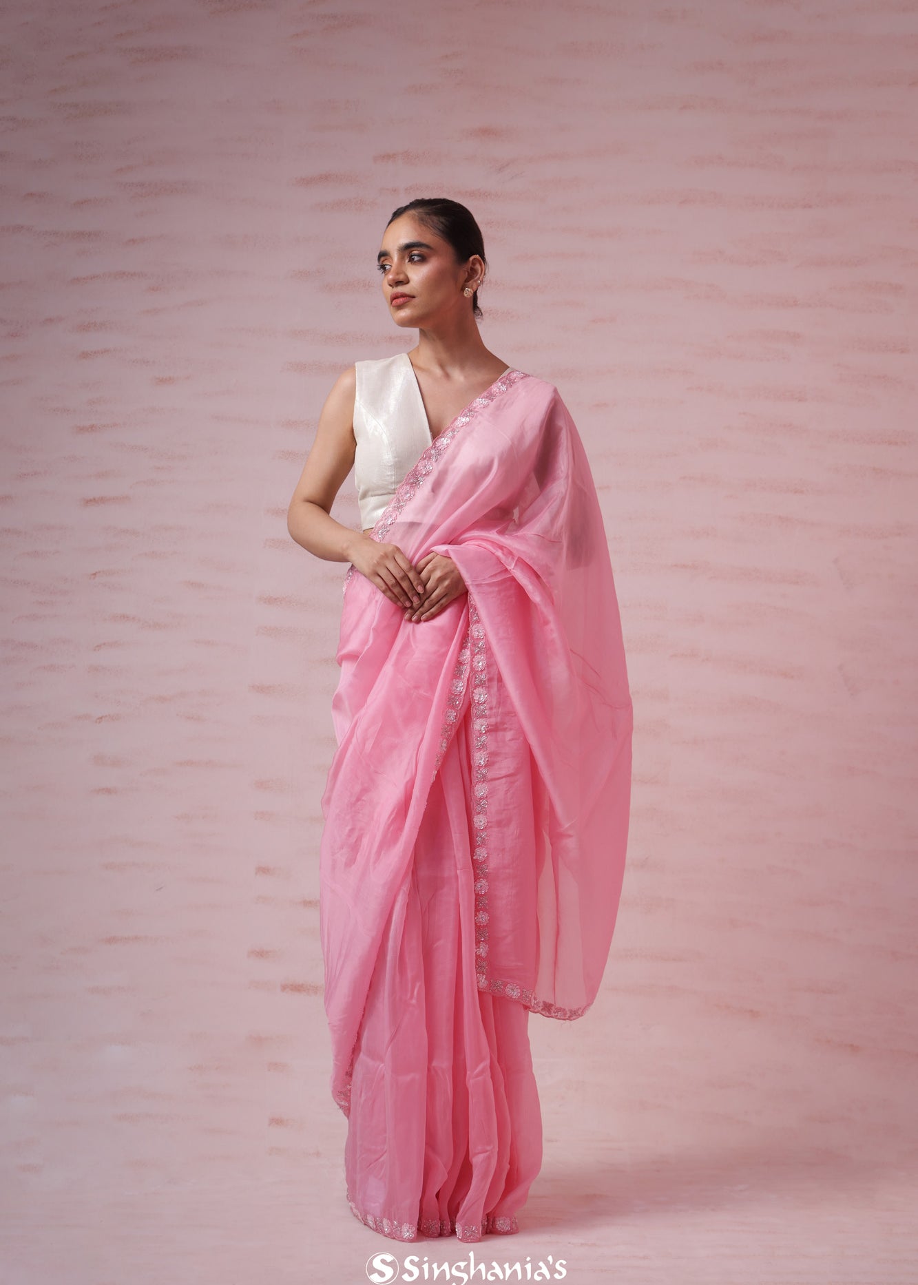 Flamingo Pink Organza Saree With Embroidery Border