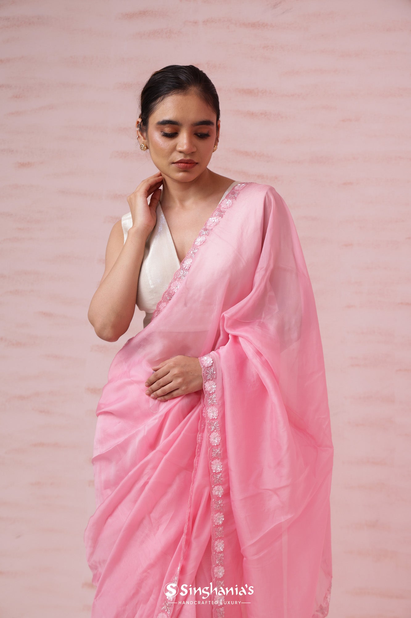 Flamingo Pink Organza Saree With Embroidery Border