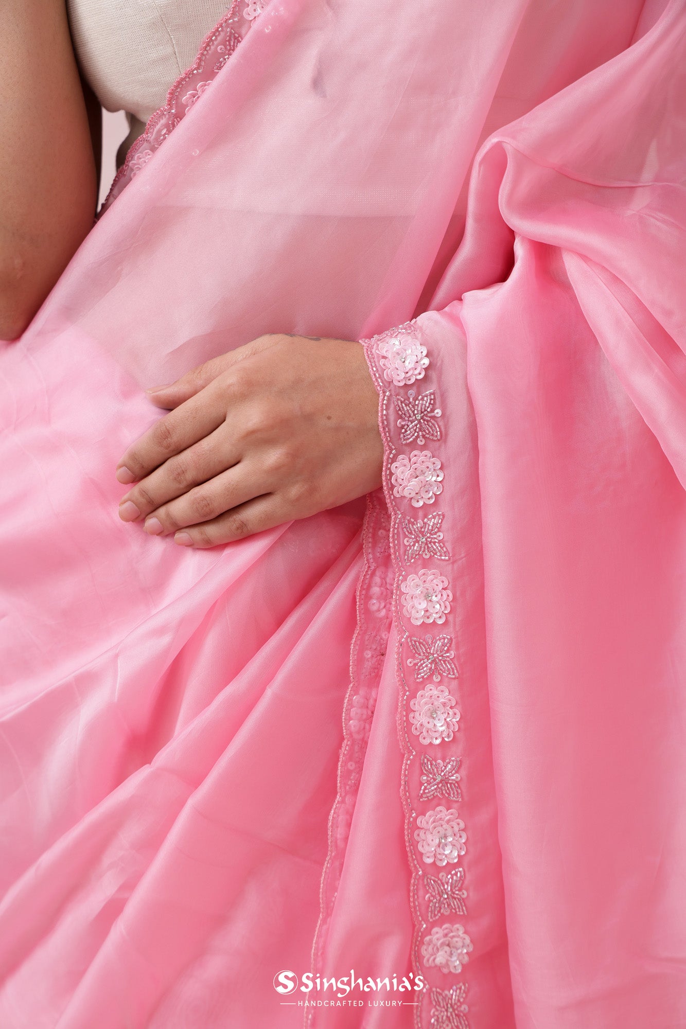 Flamingo Pink Organza Saree With Embroidery Border