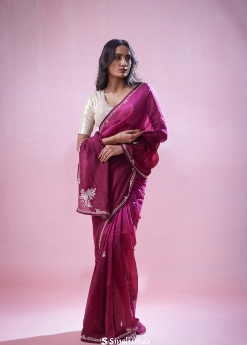 <img> Pansy Purple Organza Saree With Hand Embroidery
