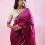 Pansy Purple Organza Saree With Hand Embroidery