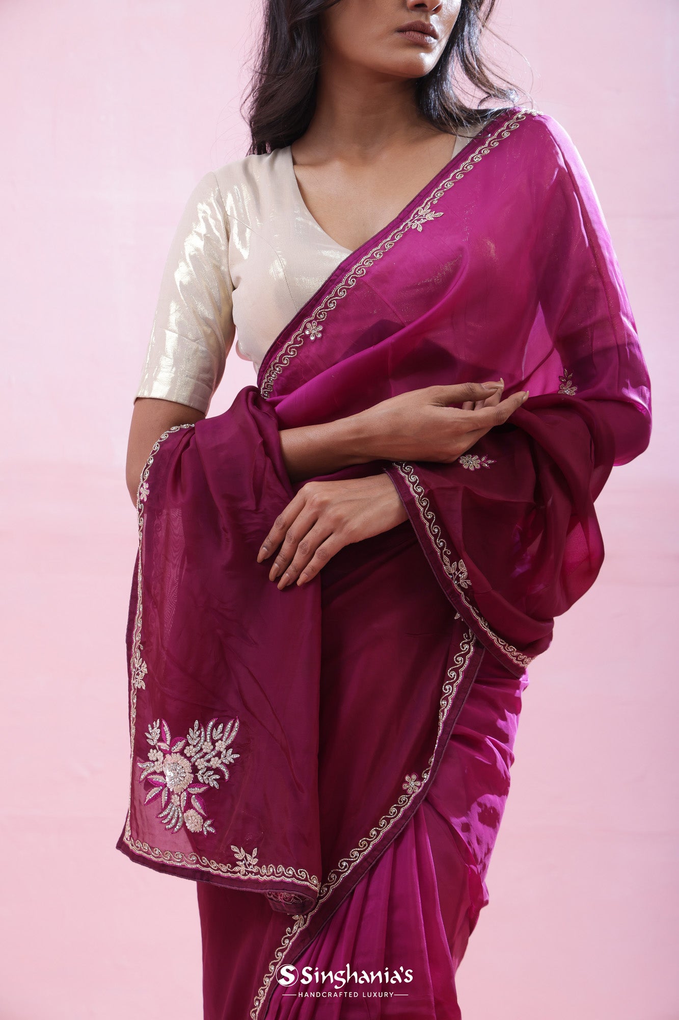 Pansy Purple Organza Saree With Hand Embroidery