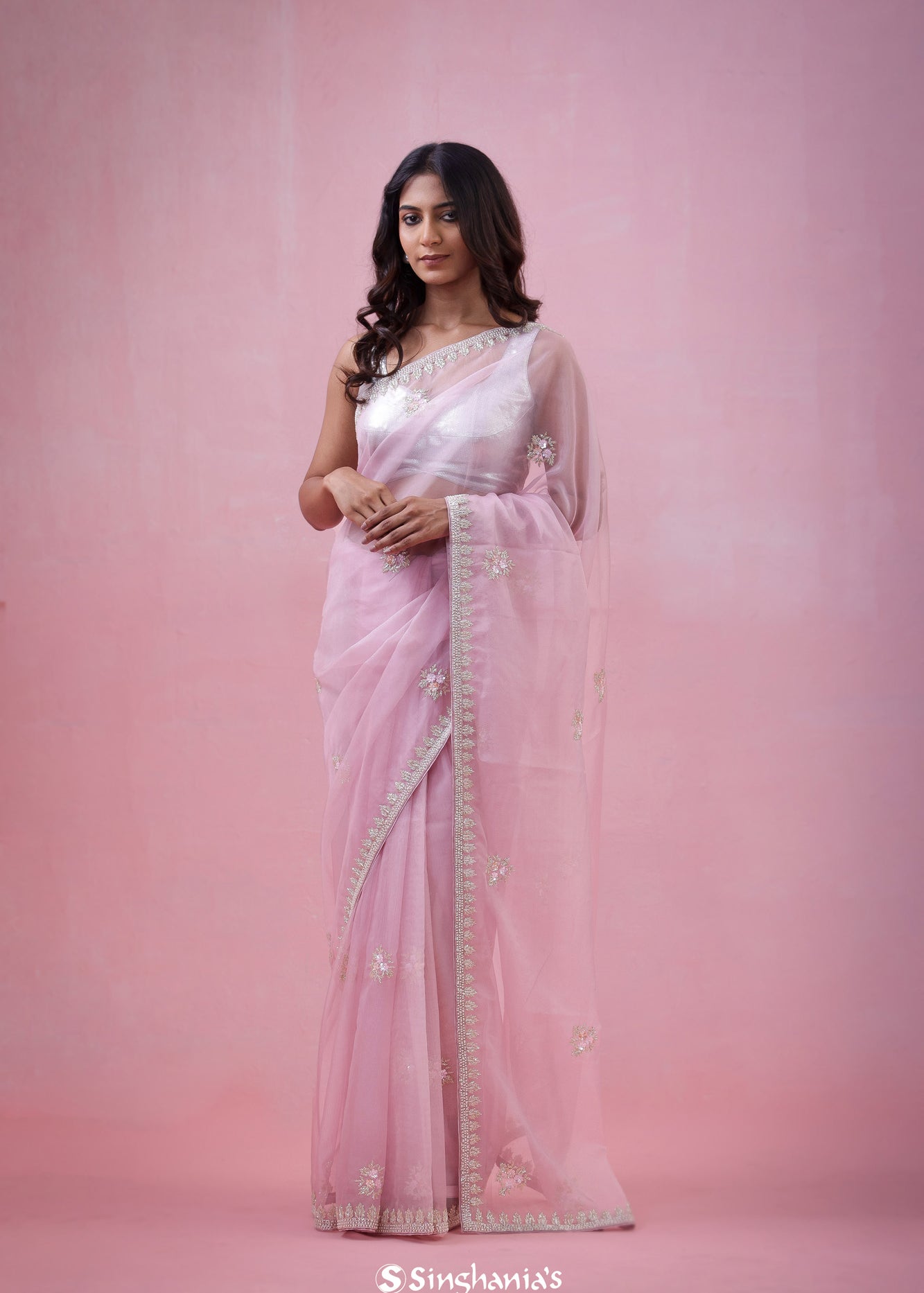Pale Lavender Organza Saree With Hand Embroidery