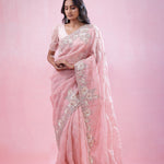 Bubblegum Pink Tissue Organza Saree With Hand Embroidery