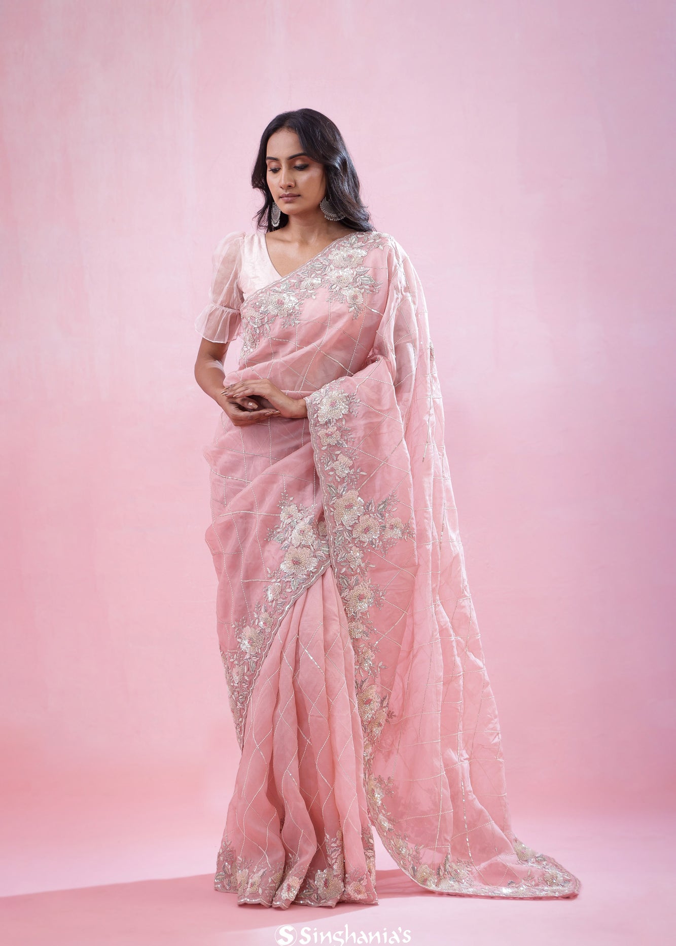 Bubblegum Pink Tissue Organza Saree With Hand Embroidery