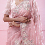 Bubblegum Pink Tissue Organza Saree With Hand Embroidery