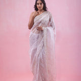 Pale Lavender Tissue Organza Saree With Hand Embroidery