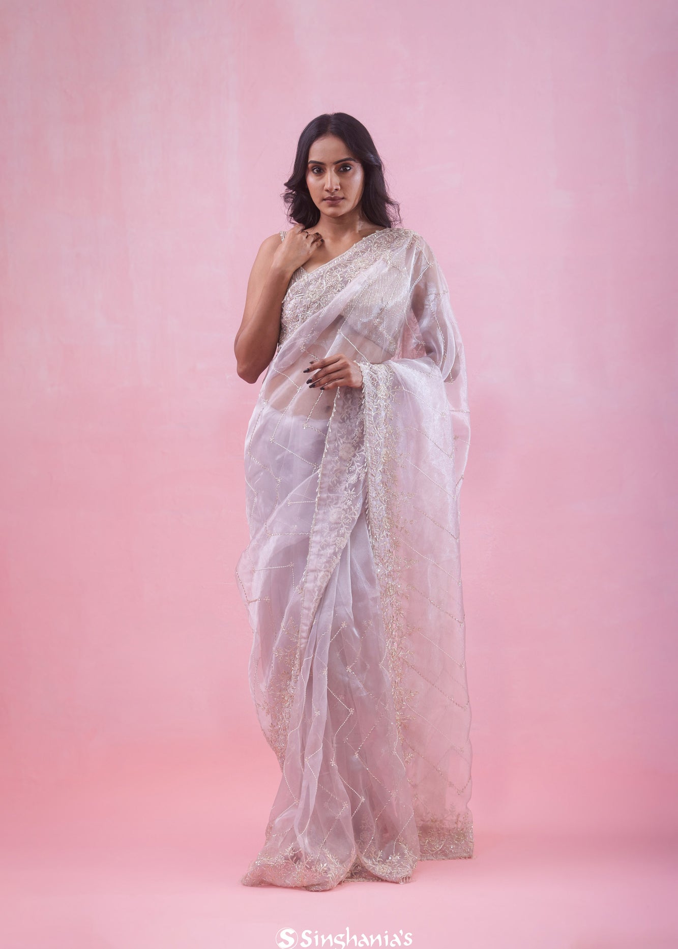 Pale Lavender Tissue Organza Saree With Hand Embroidery