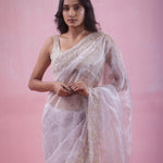 Pale Lavender Tissue Organza Saree With Hand Embroidery