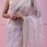 Pale Lavender Tissue Organza Saree With Hand Embroidery